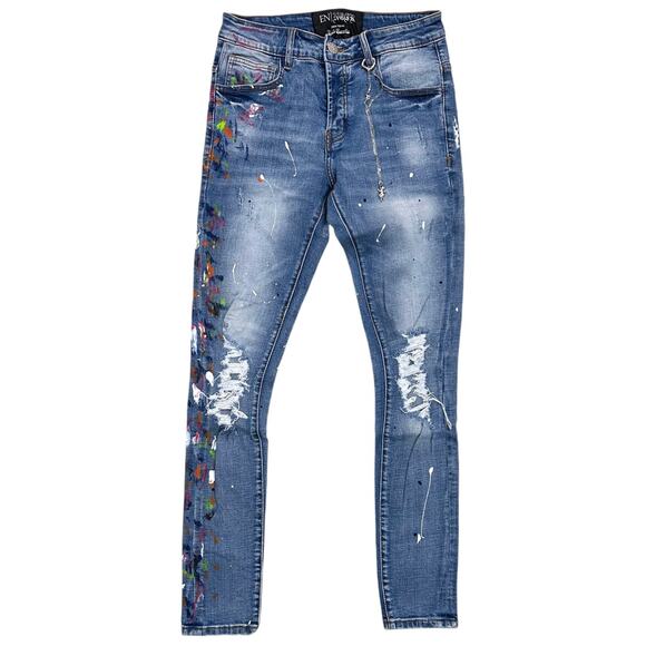 En Noir Men's Paint Splatter Distressed Ripped Skinny Fit Denim Jeans